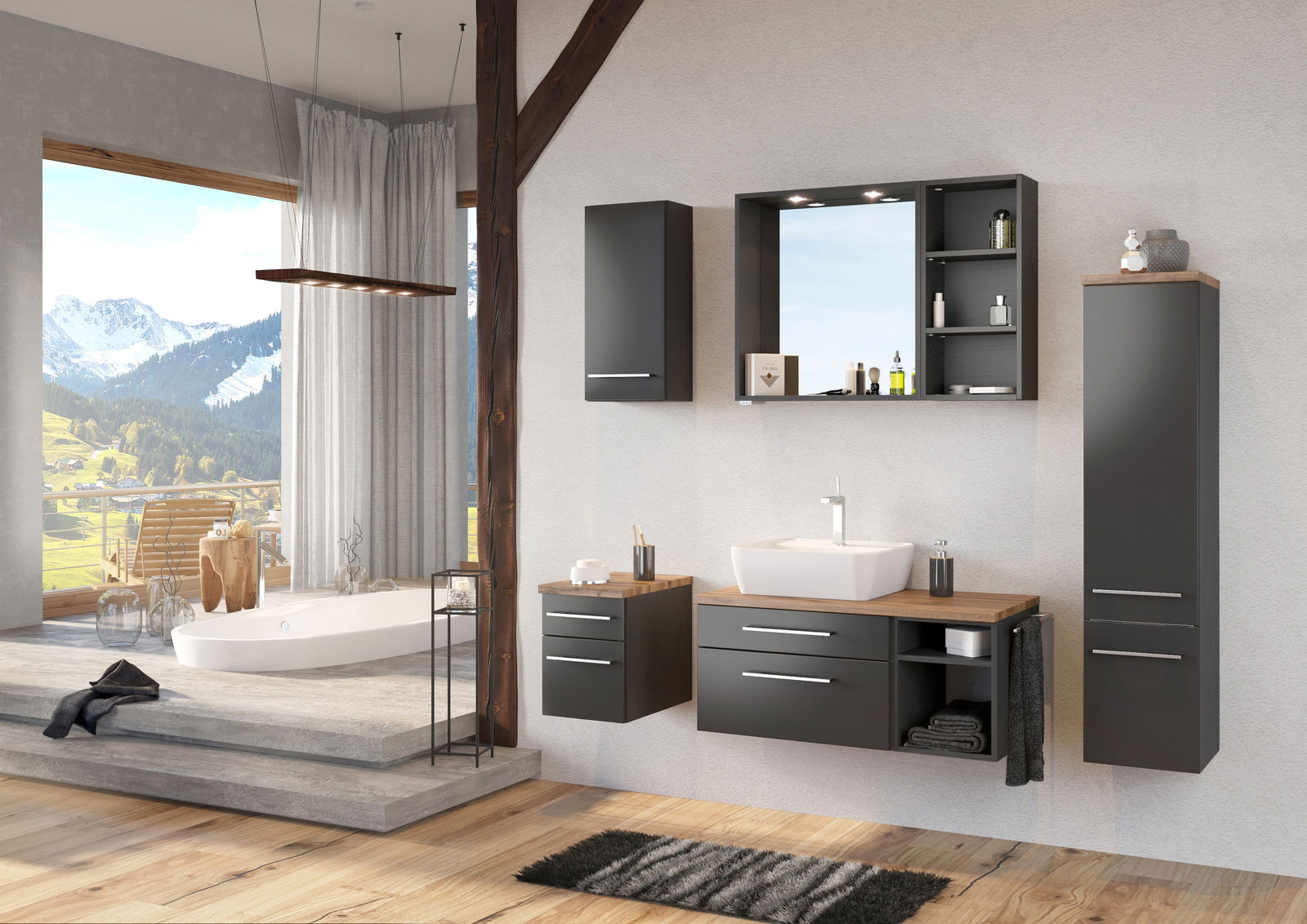 Modernes Badezimmer mit Spiegelpaneel, Waschtisch und Schränken in dunklem Holzdesign, seitliche Perspektive.