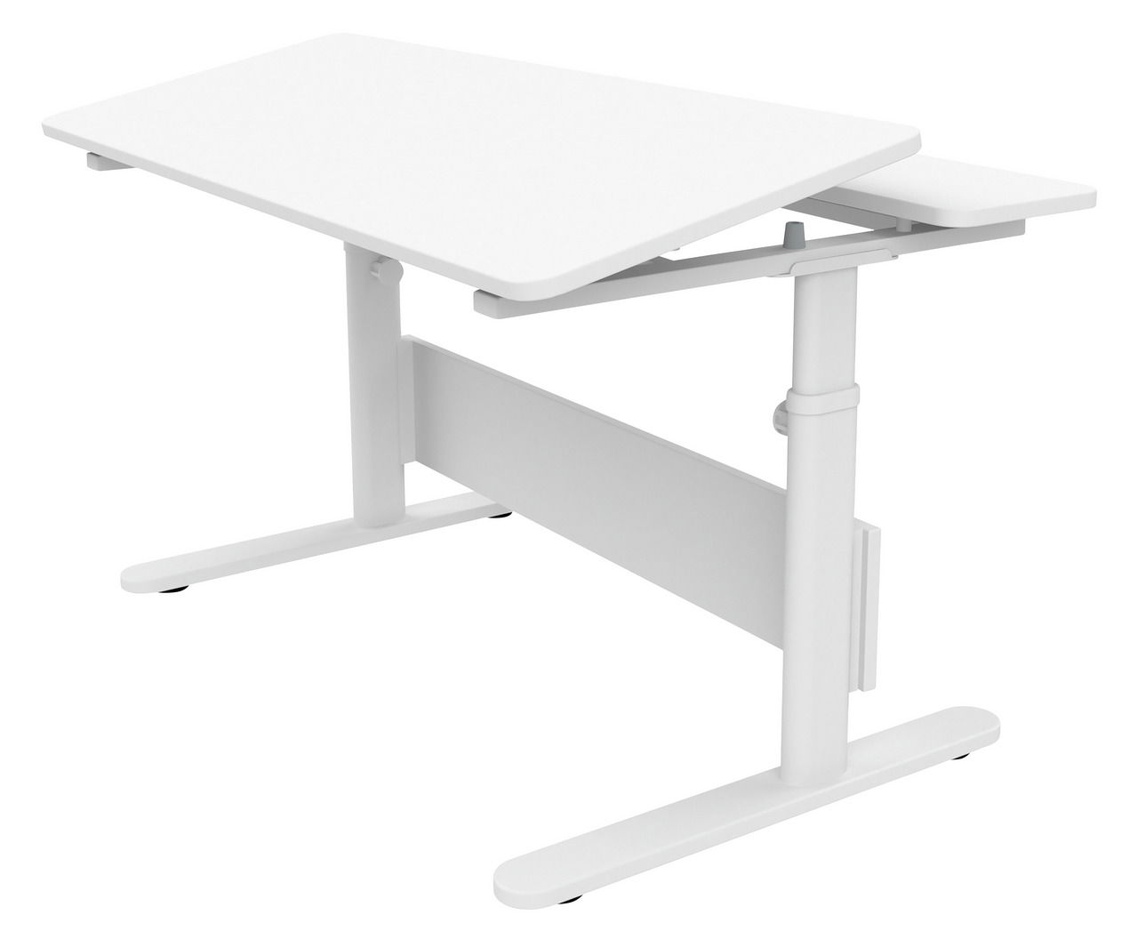 Moderner weißer Schreibtisch mit verstellbarer Tischplatte, seitliche Perspektive
