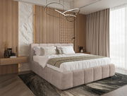 Modernes Polsterbettgestell in einem stilvollen Schlafzimmer mit Holz- und Steinelementen, seitliche Perspektive.