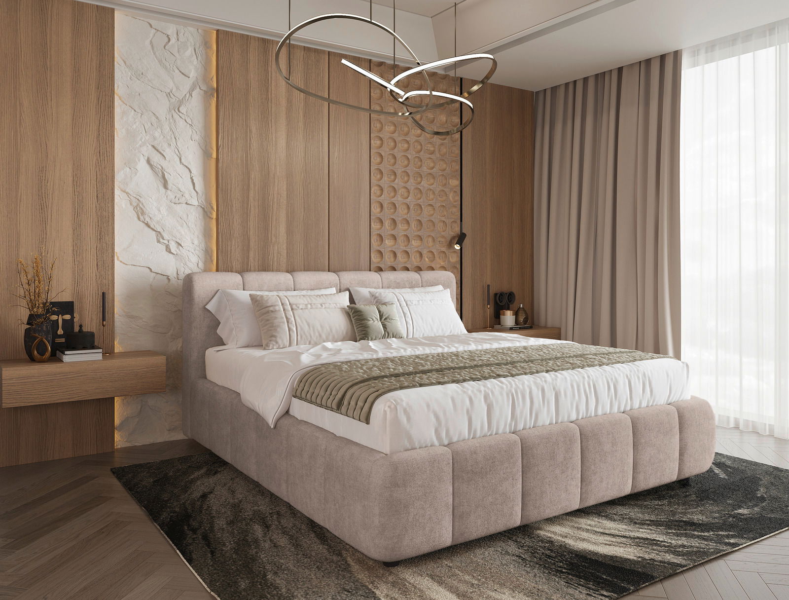 Modernes Polsterbettgestell in einem stilvollen Schlafzimmer mit Holz- und Steinelementen, seitliche Perspektive.