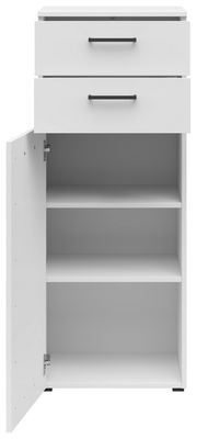 Weiße Kommode mit zwei Schubladen und einer offenen Tür, die drei Regalböden zeigt, frontale Ansicht.