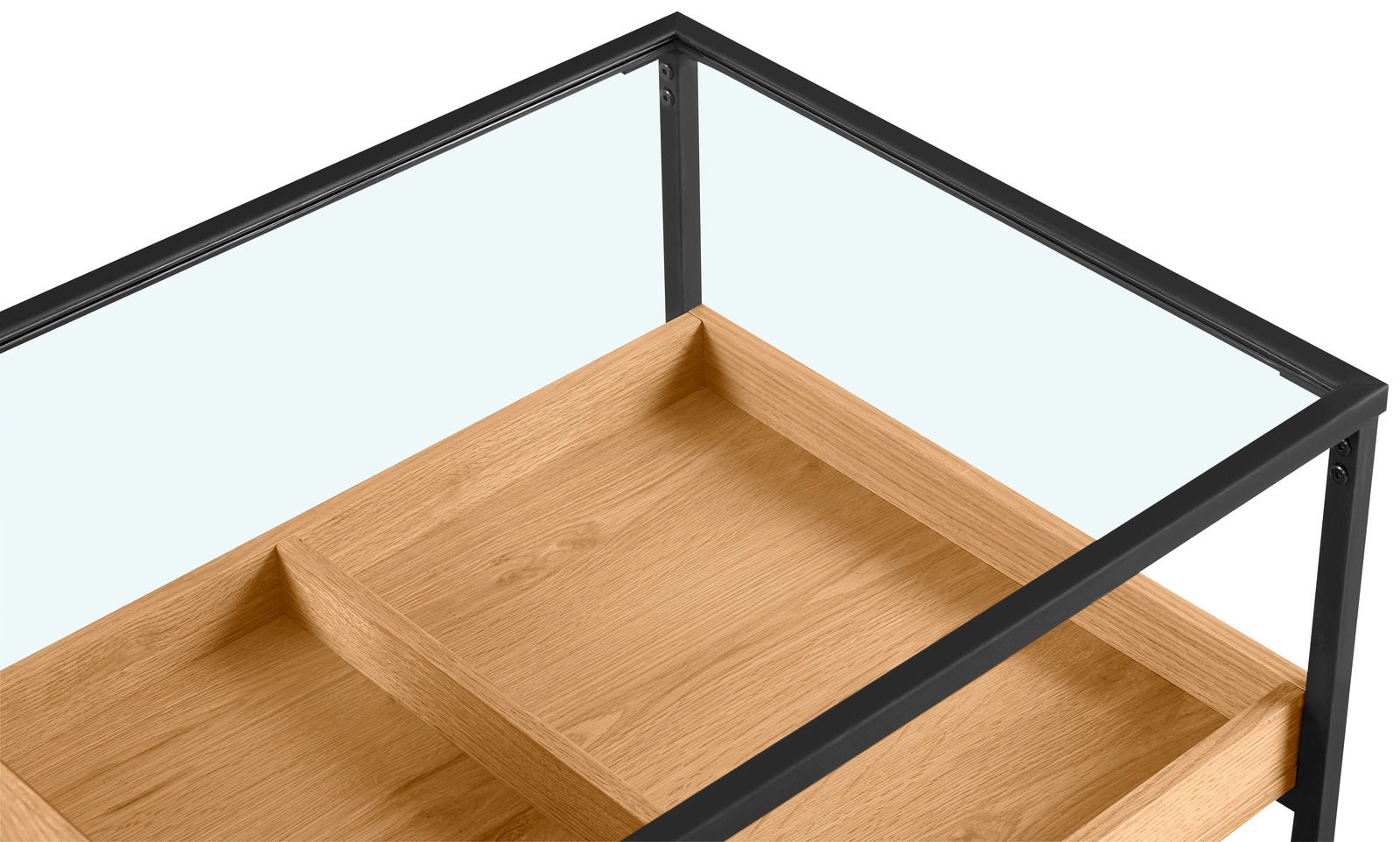 Moderner Couchtisch mit Glasplatte und Holzablage, Perspektive von oben