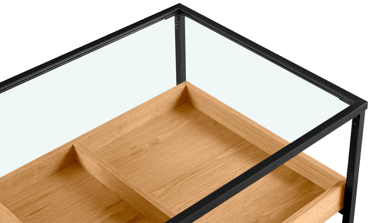 Moderner Couchtisch mit Glasplatte und Holzablage, Perspektive von oben