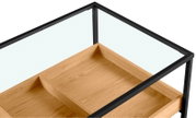 Moderner Couchtisch mit Glasplatte und Holzablage, Perspektive von oben