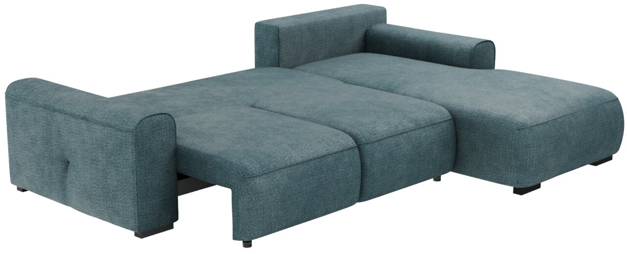 Großes, modernes Ecksofa in blauer Farbe, ausgezogen zu einem Bett, Perspektive von schräg vorne.