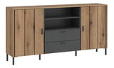 Modernes Sideboard aus Holz mit zwei Schubladen und offenen Regalfächern, frontal abgebildet.