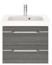 Moderne Waschtischlösung mit grauen Schubladen und weißem Waschbecken, Frontalansicht