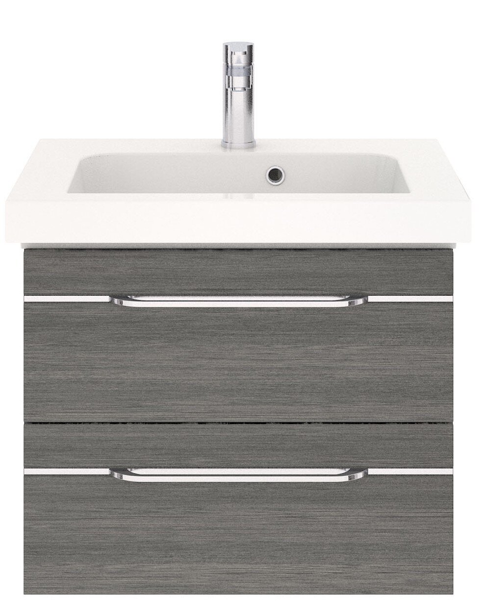 Moderne Waschtischlösung mit grauen Schubladen und weißem Waschbecken, Frontalansicht