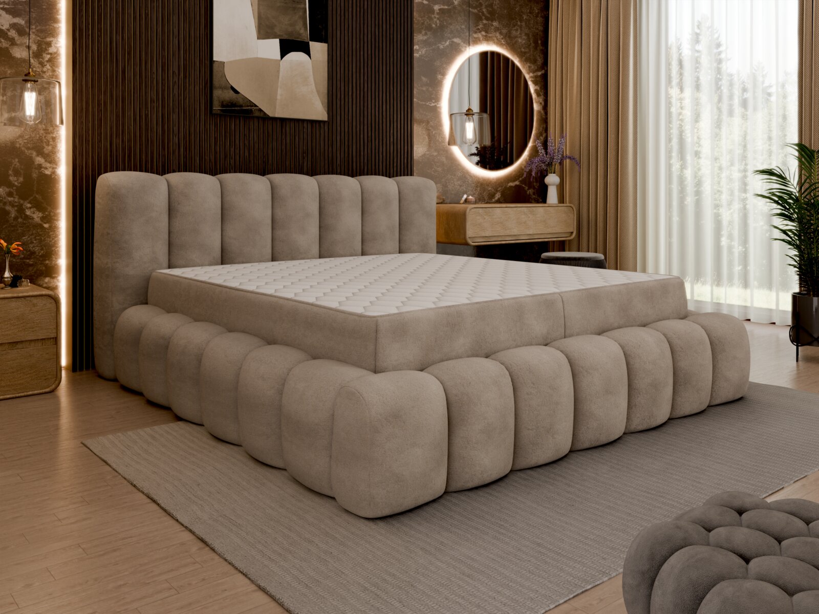 Luxe boxspring in een stijlvolle slaapkamer, zijaanzicht