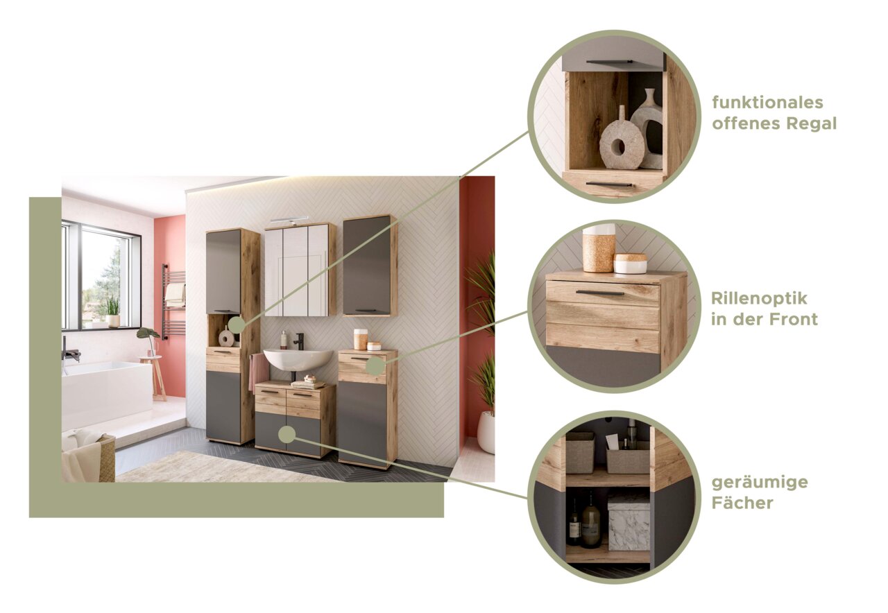Moderne Badezimmermöbelkombination mit Spiegelschrank, Waschtisch und Hochschränken in Holzoptik und grauen Fronten, funktionales offenes Regal, Rillenoptik in der Front, geräumige Fächer, Perspektive von vorne.
