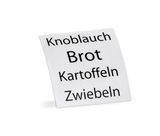Etikett mit den Aufschriften Knoblauch, Brot, Kartoffeln, Zwiebeln, aus seitlicher Perspektive fotografiert.