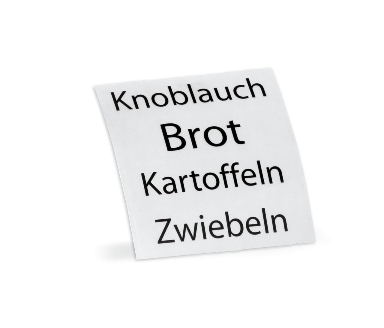 Etikett mit den Aufschriften Knoblauch, Brot, Kartoffeln, Zwiebeln, aus seitlicher Perspektive fotografiert.