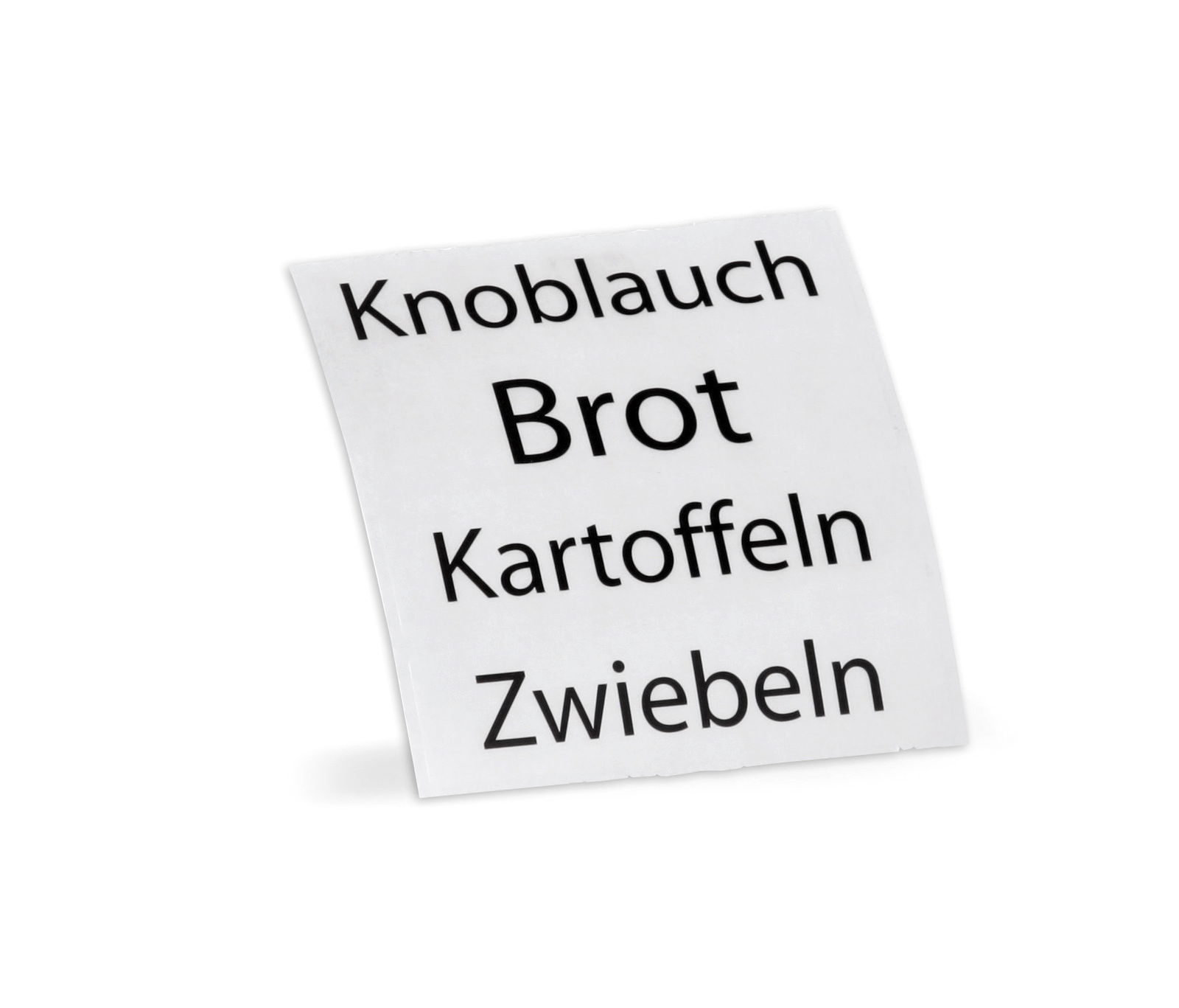 Etikett mit den Aufschriften Knoblauch, Brot, Kartoffeln, Zwiebeln, aus seitlicher Perspektive fotografiert.
