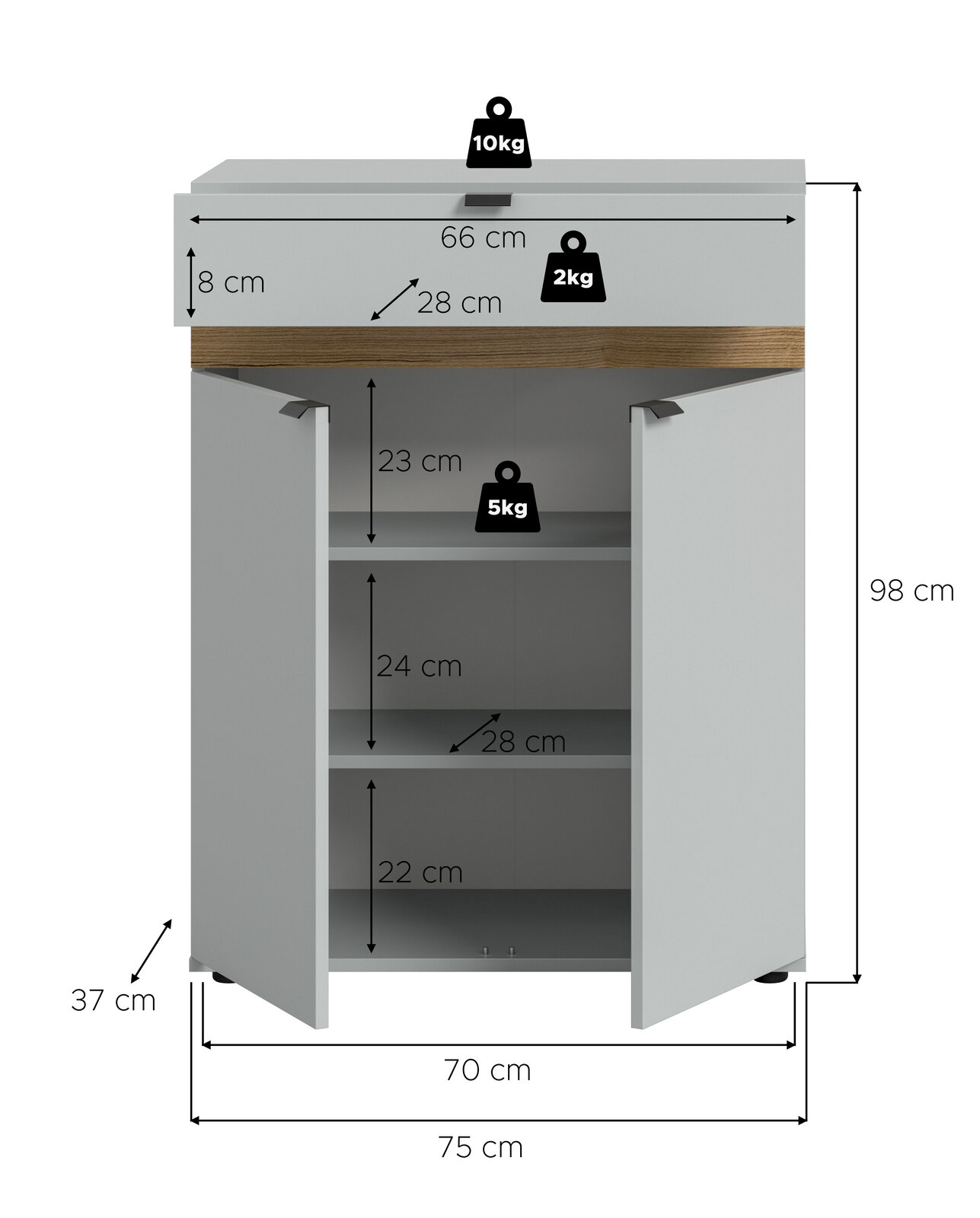 Frontansicht eines grauen Unterschranks mit zwei geöffneten Türen und Holzoptik-Blende, Maße ca. 98 cm hoch, 75 cm breit und 37 cm tief, mit drei Innenfächern und eingezeichneten Belastungsangaben.