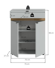 Frontansicht eines grauen Unterschranks mit zwei geöffneten Türen und Holzoptik-Blende, Maße ca. 98 cm hoch, 75 cm breit und 37 cm tief, mit drei Innenfächern und eingezeichneten Belastungsangaben.