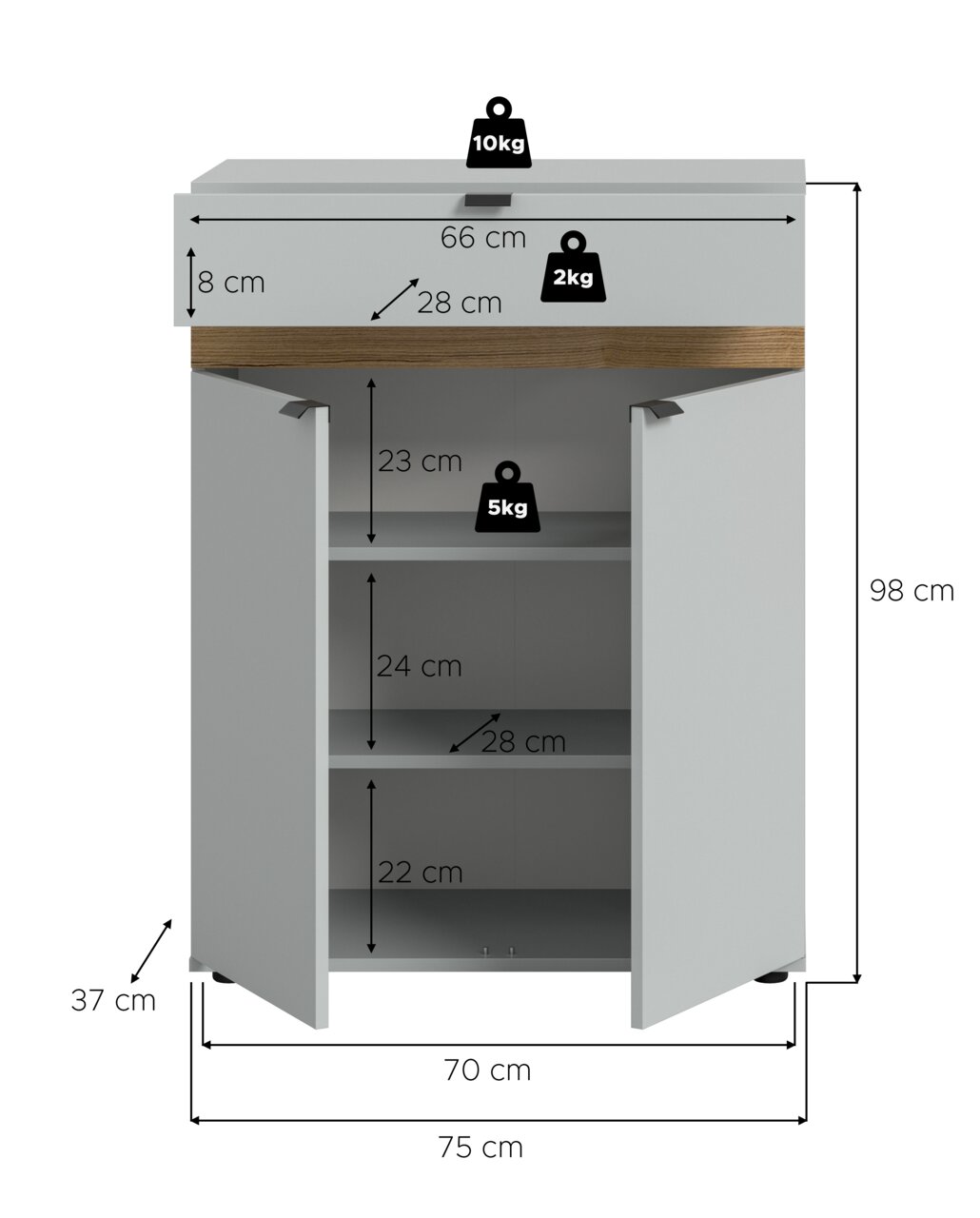 Frontansicht eines grauen Unterschranks mit zwei geöffneten Türen und Holzoptik-Blende, Maße ca. 98 cm hoch, 75 cm breit und 37 cm tief, mit drei Innenfächern und eingezeichneten Belastungsangaben.