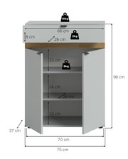 Frontansicht eines grauen Unterschranks mit zwei geöffneten Türen und Holzoptik-Blende, Maße ca. 98 cm hoch, 75 cm breit und 37 cm tief, mit drei Innenfächern und eingezeichneten Belastungsangaben.