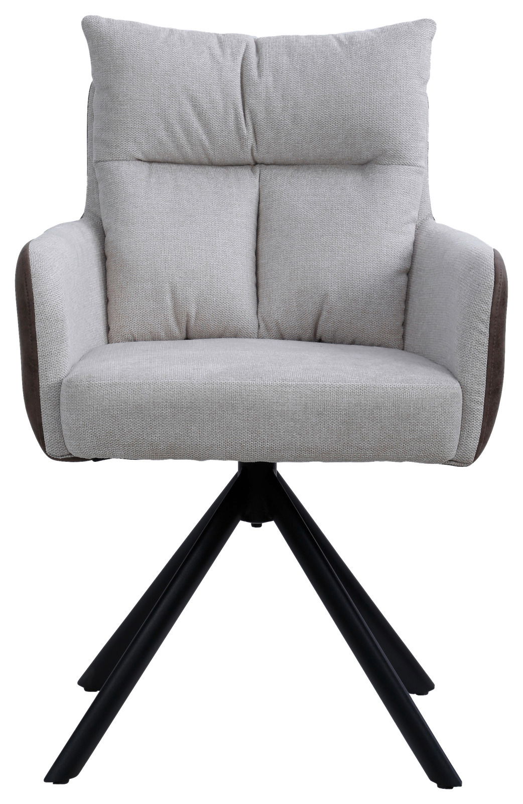 Frontansicht eines modernen Armlehnstuhls mit grauem Stoffbezug und schwarzem Metallgestell.