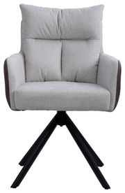 Frontansicht eines modernen Armlehnstuhls mit grauem Stoffbezug und schwarzem Metallgestell.