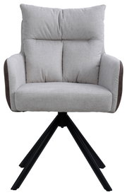 Frontansicht eines modernen Armlehnstuhls mit grauem Stoffbezug und schwarzem Metallgestell.