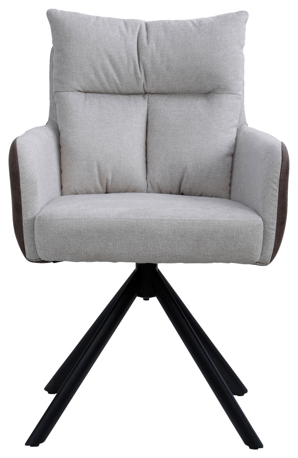 Frontansicht eines modernen Armlehnstuhls mit grauem Stoffbezug und schwarzem Metallgestell.