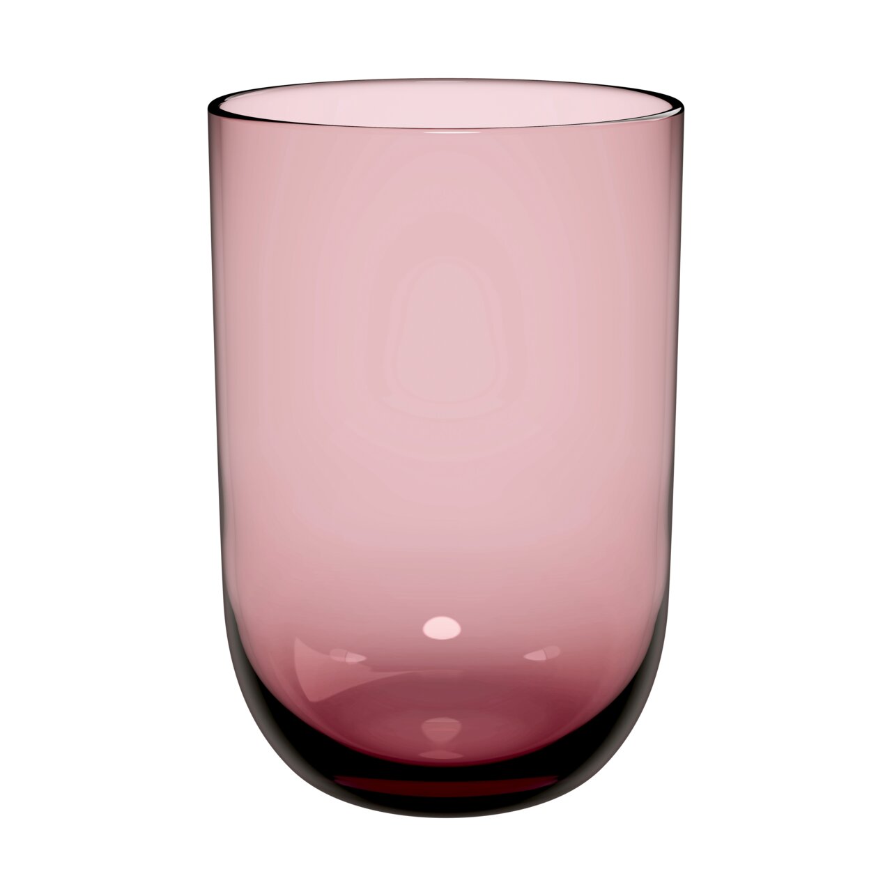 Rosa Longdrinkbecher aus Glas, seitliche Perspektive