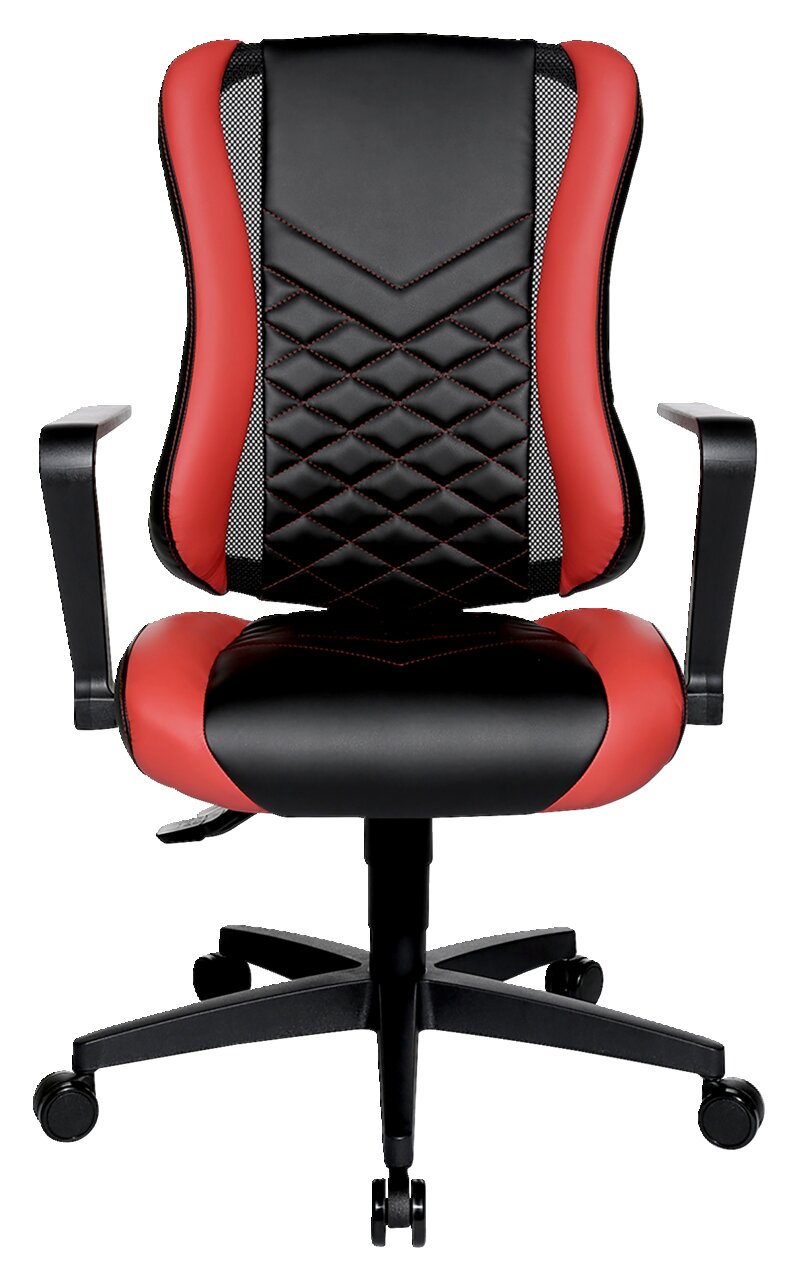 Vorderansicht eines Racing Bürostuhls in Schwarz und Rot mit ergonomischem Design und gepolsterter Rückenlehne.