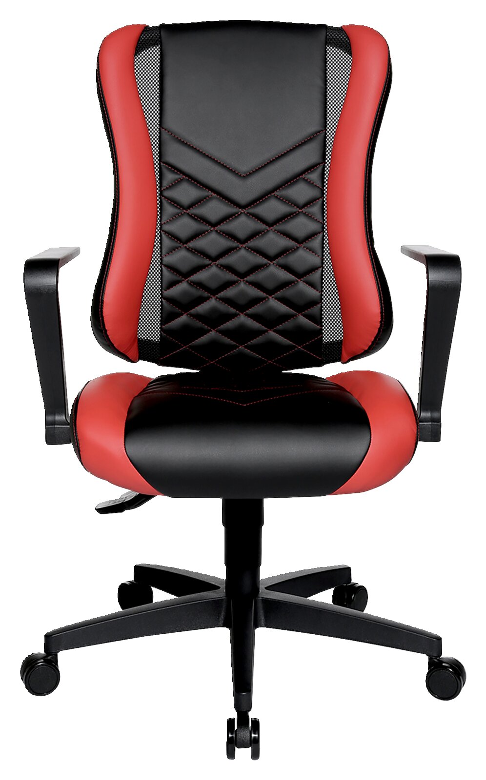 Vooraanzicht van een Racing-bureaustoel in zwart en rood, met een ergonomisch ontwerp en een gestoffeerde rugleuning.