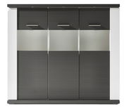 Frontansicht eines modernen Highboards mit drei Türen in dunklem Holzdesign und silbernen Griffen.