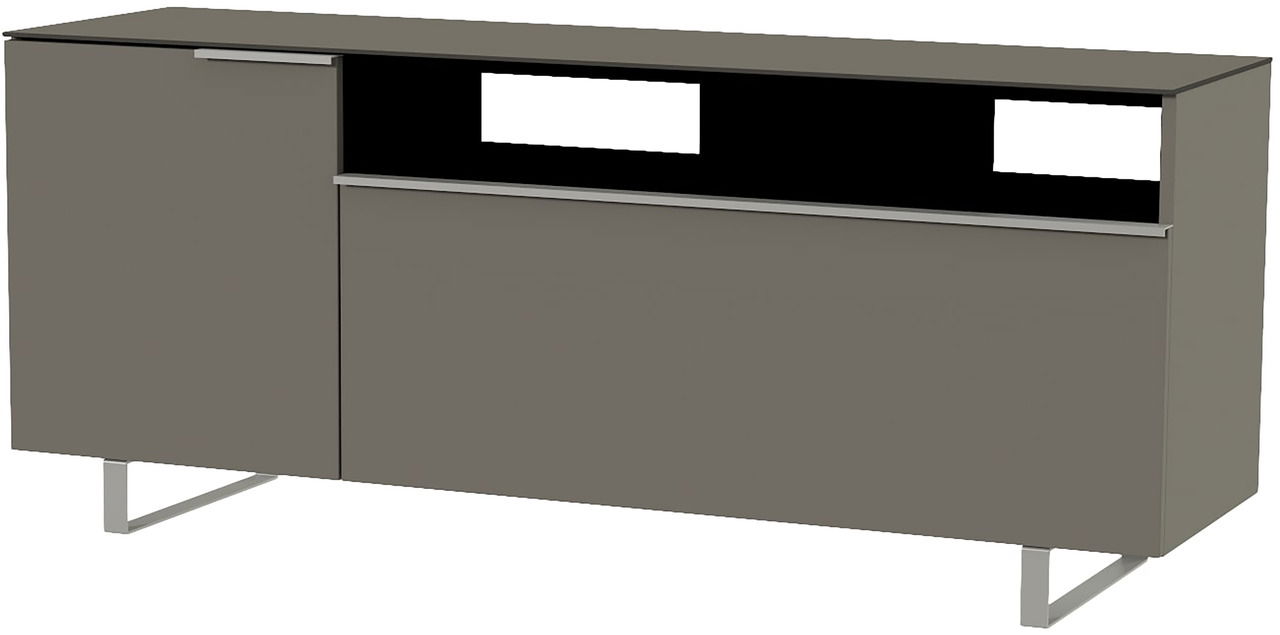 TV-Lowboard in grauer Farbe mit modernem Design, seitliche Perspektive
