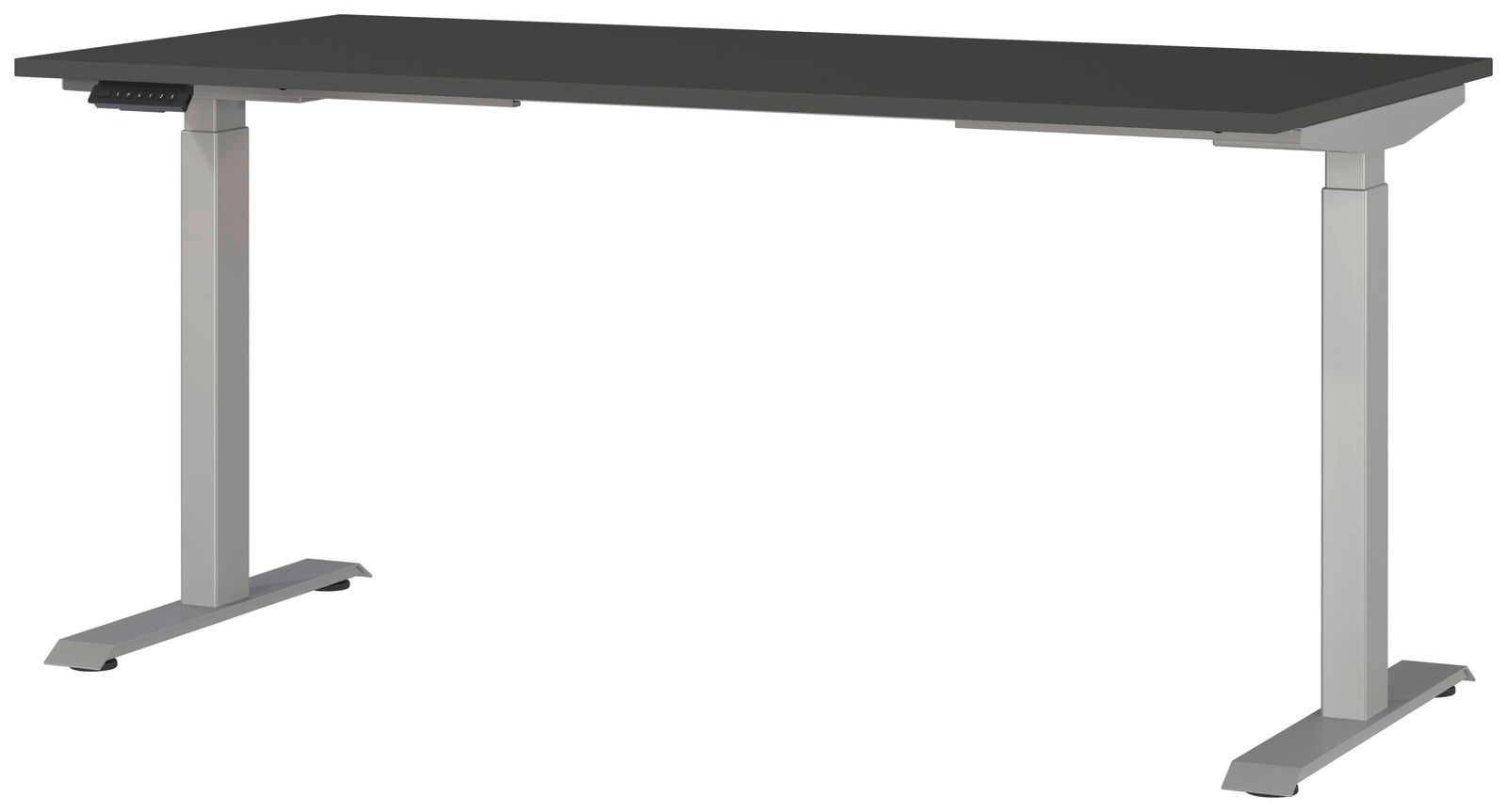 Moderner E-Schreibtisch 160x80 mit schwarzer Tischplatte und silbernem Gestell, seitliche Perspektive