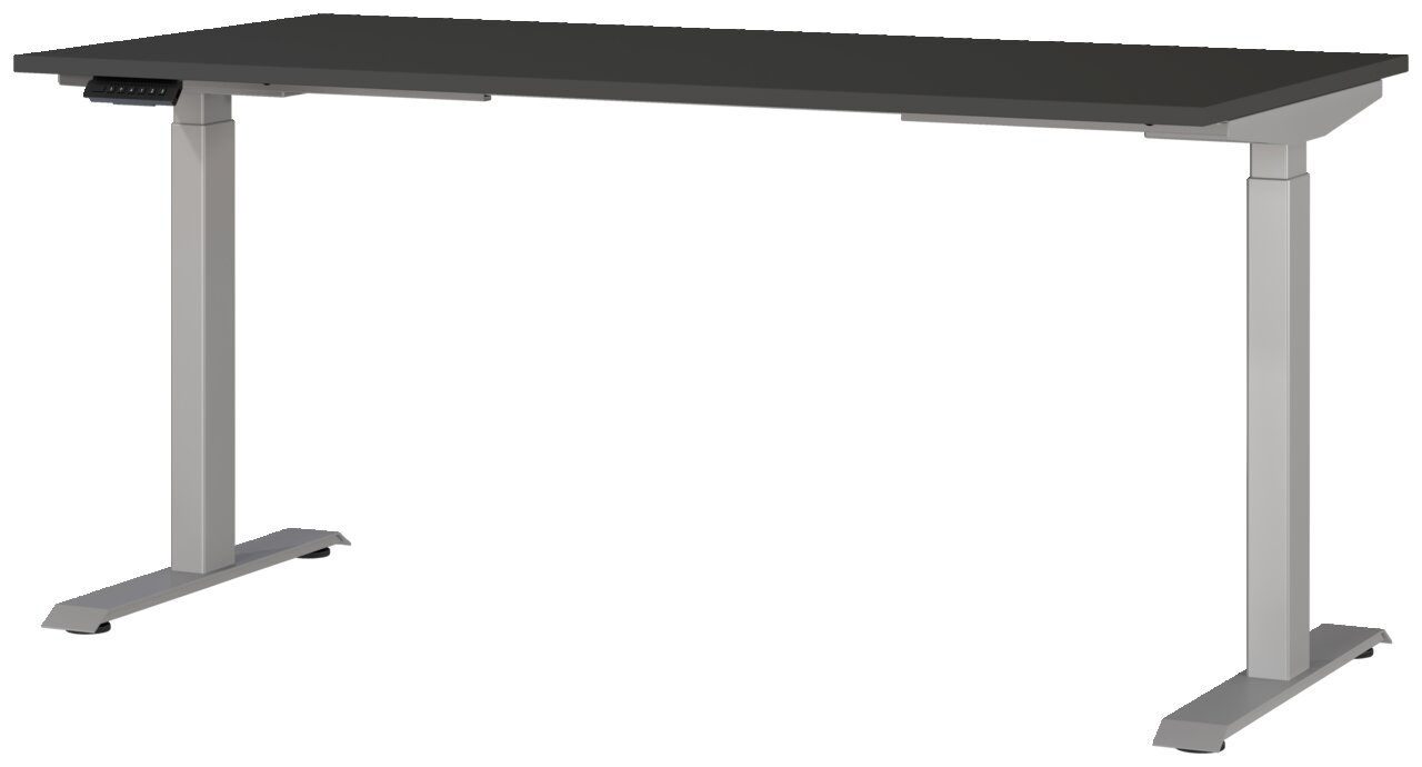 Modern elektrisch bureau van 160 x 80 cm met zwart tafelblad en zilverkleurig onderstel, zijaanzicht