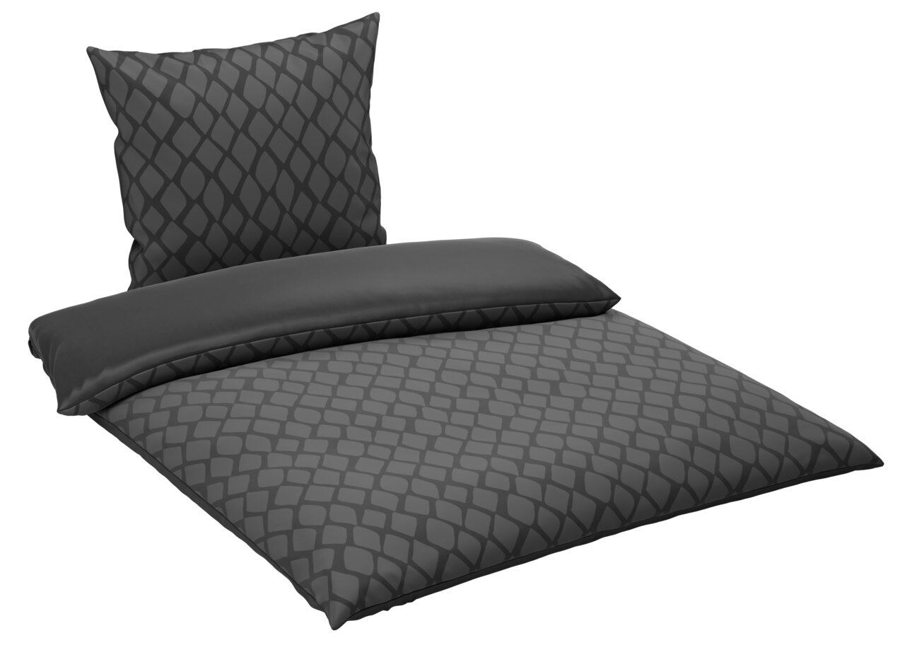 Wendebettwäsche in dunklem Grau mit geometrischem Muster, Ansicht von schräg oben