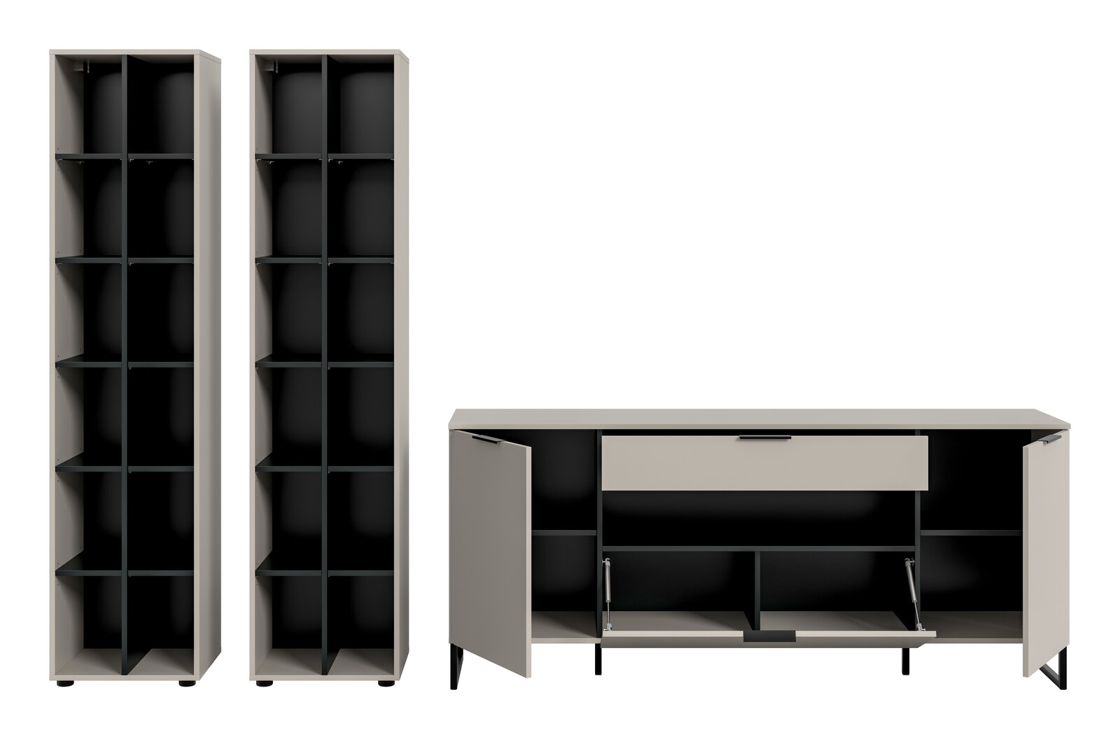 Modernes Möbel-Set aus zwei hohen Regalen und einem Sideboard in Beige mit schwarzen Innenfächern, Türen und Klappe geöffnet, Frontansicht in leichter Schrägperspektive