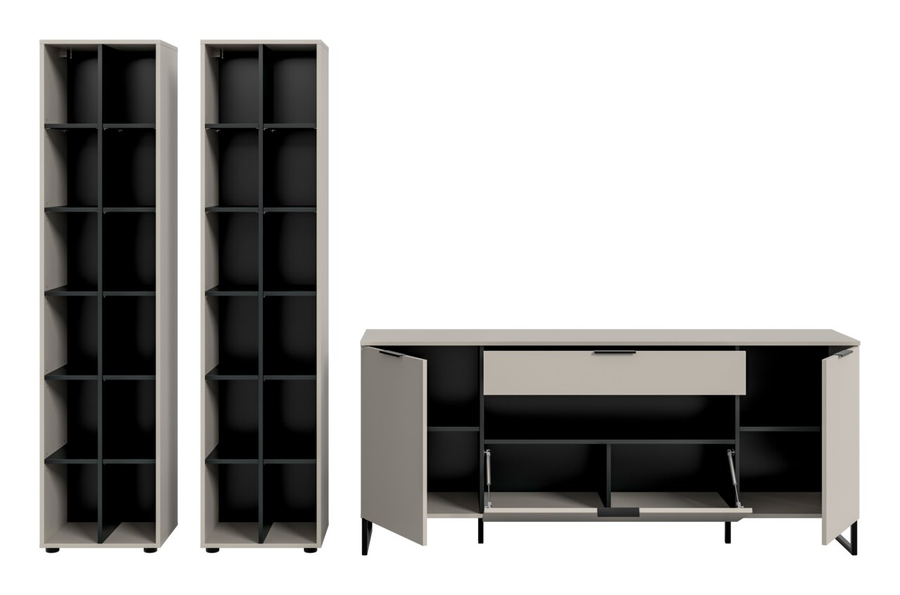 Modernes Möbel-Set aus zwei hohen Regalen und einem Sideboard in Beige mit schwarzen Innenfächern, Türen und Klappe geöffnet, Frontansicht in leichter Schrägperspektive