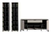 Modernes Möbel-Set aus zwei hohen Regalen und einem Sideboard in Beige mit schwarzen Innenfächern, Türen und Klappe geöffnet, Frontansicht in leichter Schrägperspektive