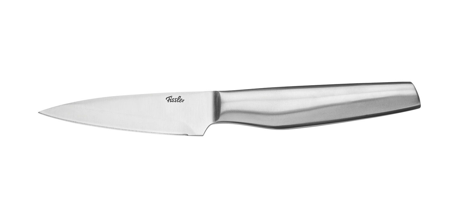 Schrägansicht eines Schälmessers mit 9,3 cm Klinge aus Edelstahl, markiert mit Fissler-Logo.