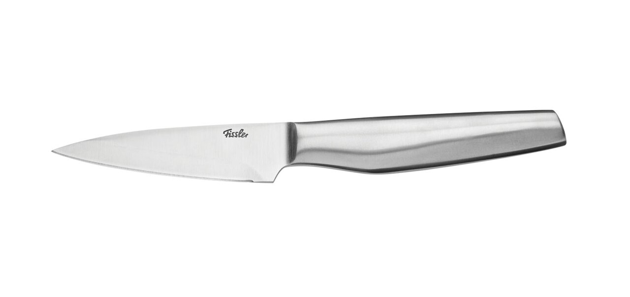 Fissler Schälmesser 9,3cm ESSENTIAL Schrägansicht eines Schälmessers mit 9,3 cm Klinge aus Edelstahl, markiert mit Fissler-Logo.