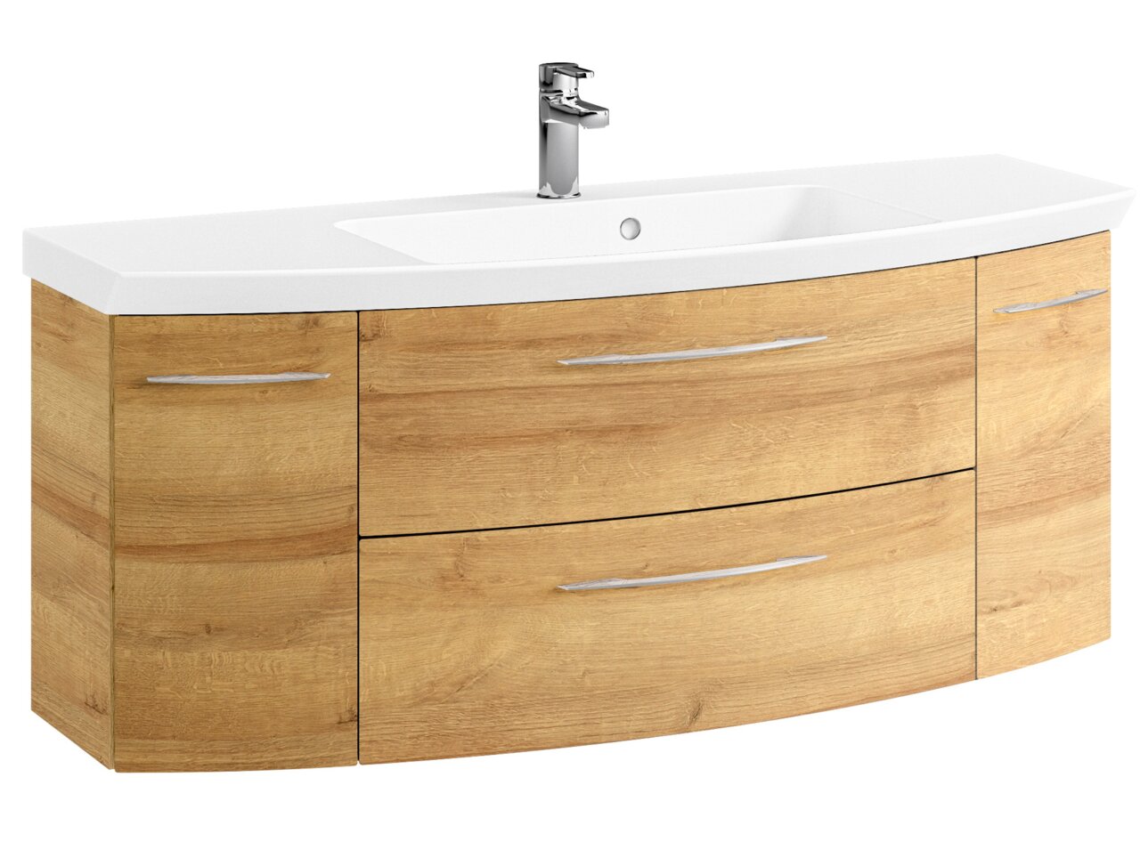 Moderner Waschtisch mit Holzoptik und weißem Waschbecken, Frontansicht