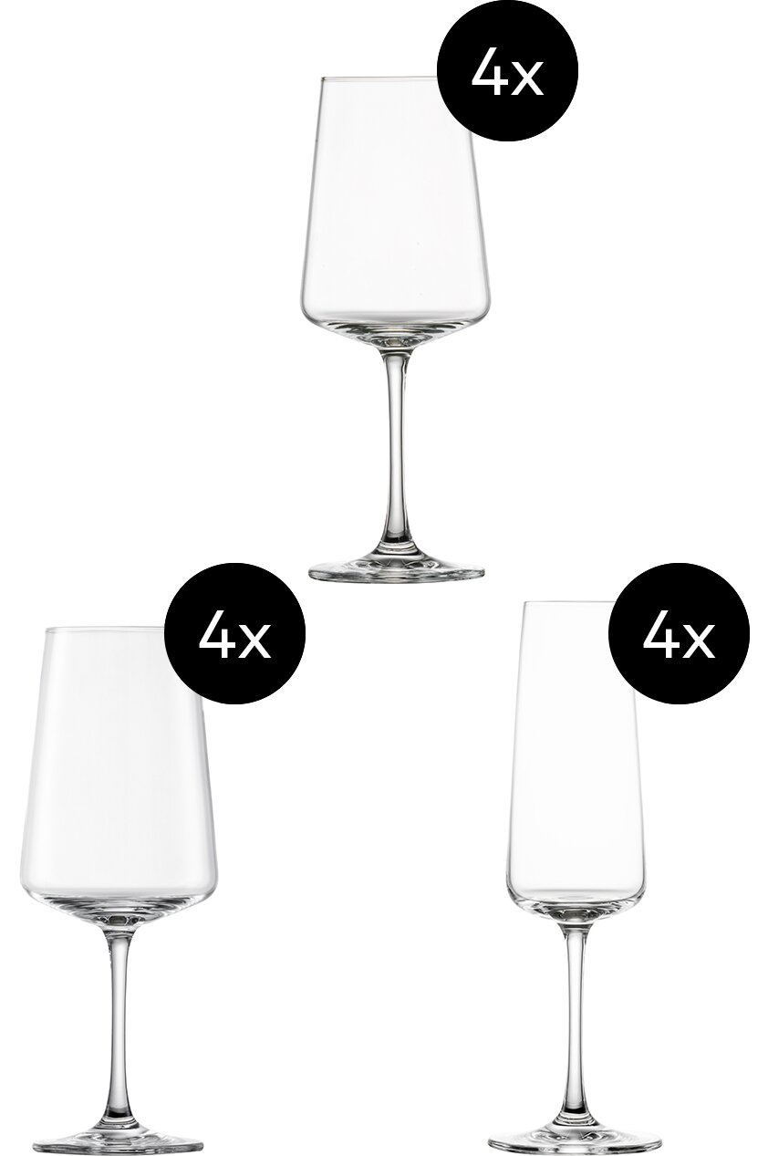 SCHOTT ZWIESEL Gläserset 12-tlg. MIOVINO Dreier-Set von Weingläsern aus verschiedenen Perspektiven, jeweils vier Stück pro Typ.
