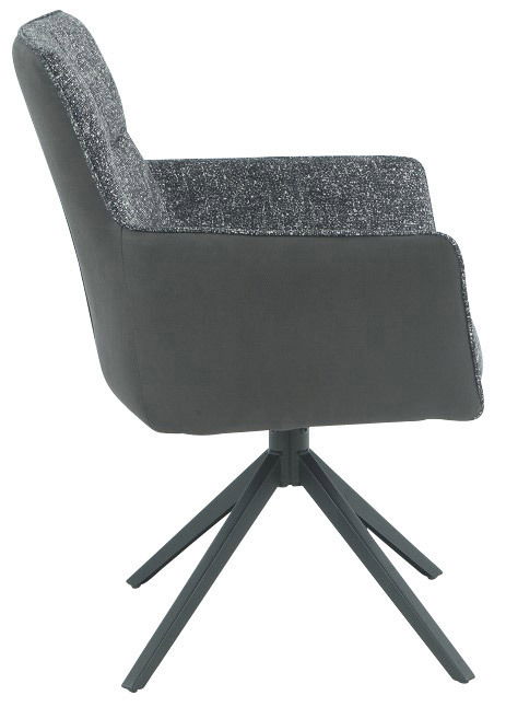 Seitenansicht eines modernen Armlehnstuhls mit grauem Stoffbezug und schwarzem Metallgestell.