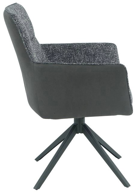 Zijaanzicht van een moderne fauteuil met grijze stoffen bekleding en een zwart metalen frame.