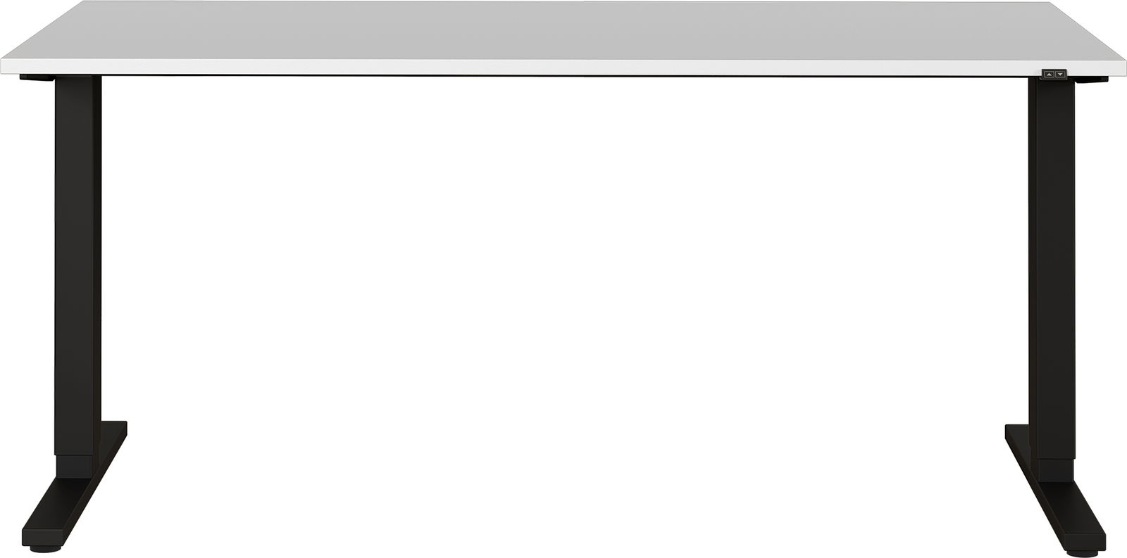 Moderner E-Schreibtisch mit weißer Tischplatte und schwarzen, höhenverstellbaren Beinen, Frontalansicht.