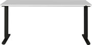 Moderner E-Schreibtisch mit weißer Tischplatte und schwarzen, höhenverstellbaren Beinen, Frontalansicht.