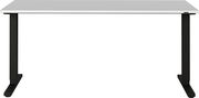 Moderner E-Schreibtisch mit weißer Tischplatte und schwarzen, höhenverstellbaren Beinen, Frontalansicht.