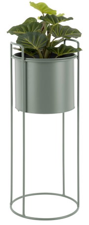 Hohes, modernes Pflanzgefäß in einem minimalistischen Metallgestell, seitliche Perspektive.