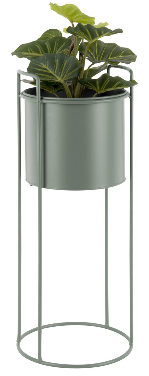 Hohes, modernes Pflanzgefäß in einem minimalistischen Metallgestell, seitliche Perspektive.