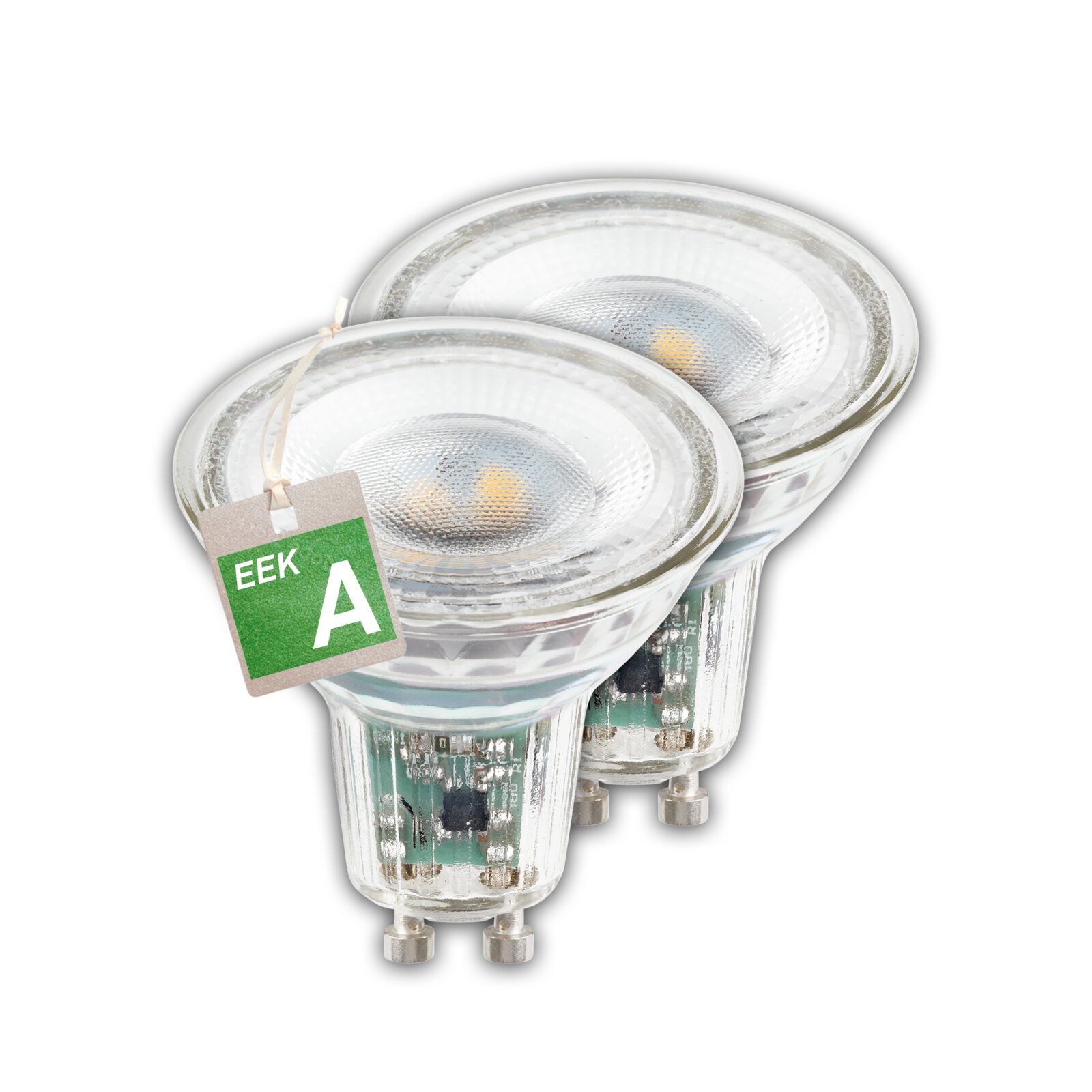 Twee GU10-ledlampen in een set, energie-efficiëntieklasse A, in schuin perspectief.