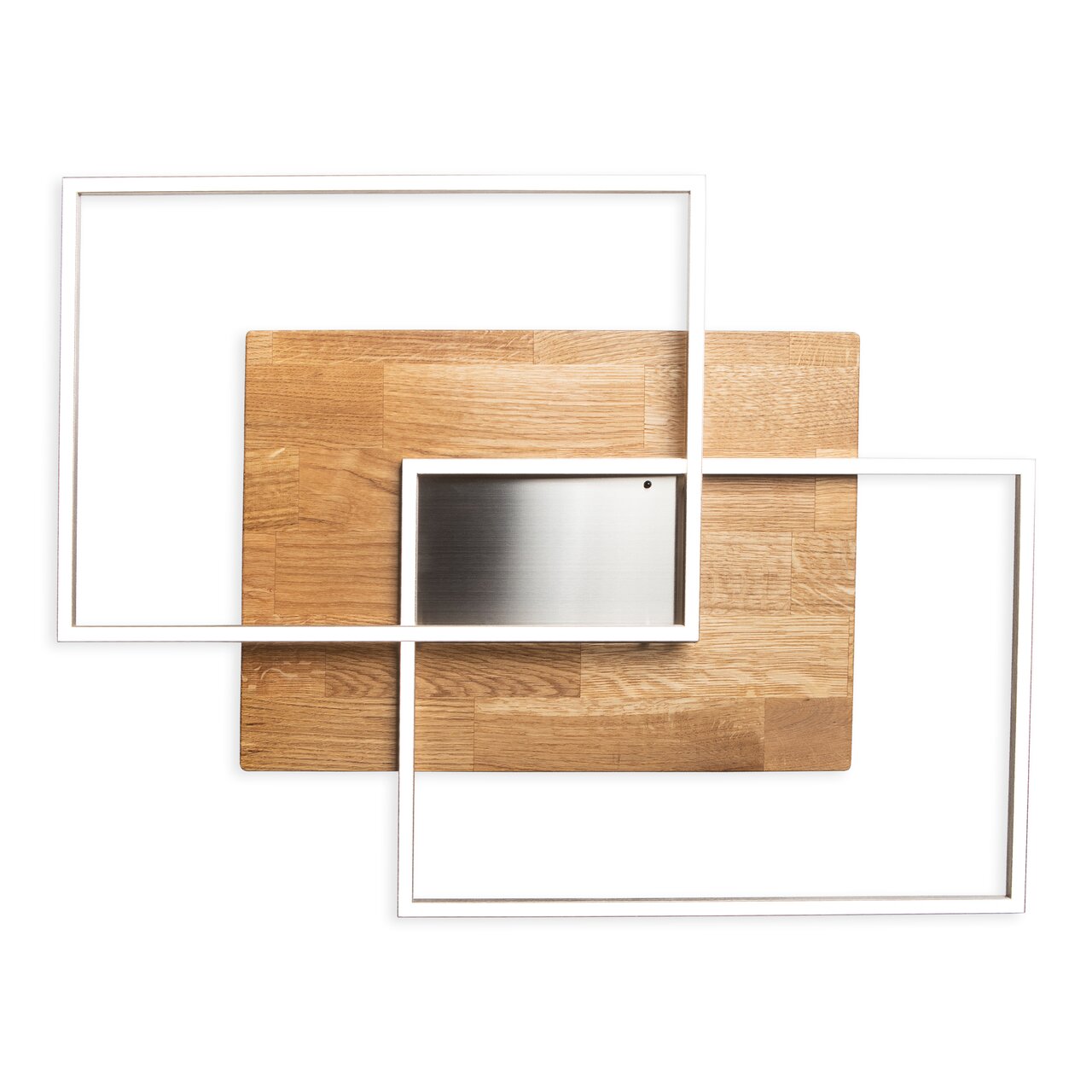 Moderne LED-Deckenleuchte mit geometrischem Design, Holz- und Metallakzenten, aus der Vogelperspektive.