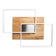 Moderne LED-Deckenleuchte mit geometrischem Design, Holz- und Metallakzenten, aus der Vogelperspektive.